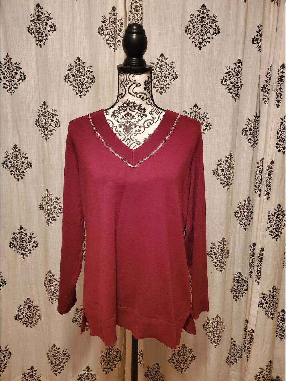 JM Collection Burgundy V-Neck Sweater with Gold Trim